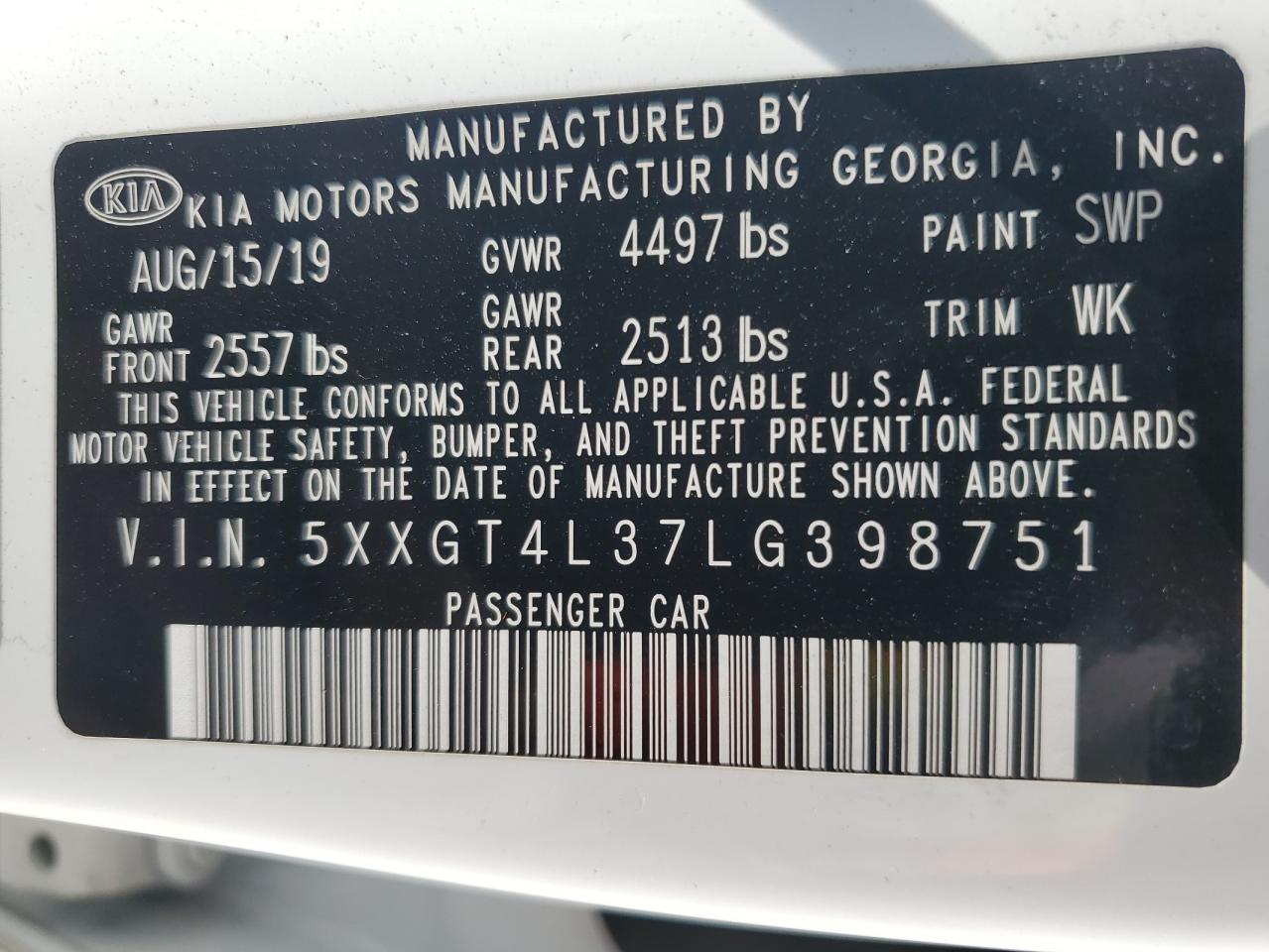 5XXGT4L37LG398751 2020 Kia Optima Lx