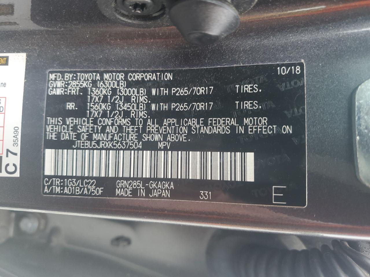 JTEBU5JRXK5637504 2019 Toyota 4Runner Sr5