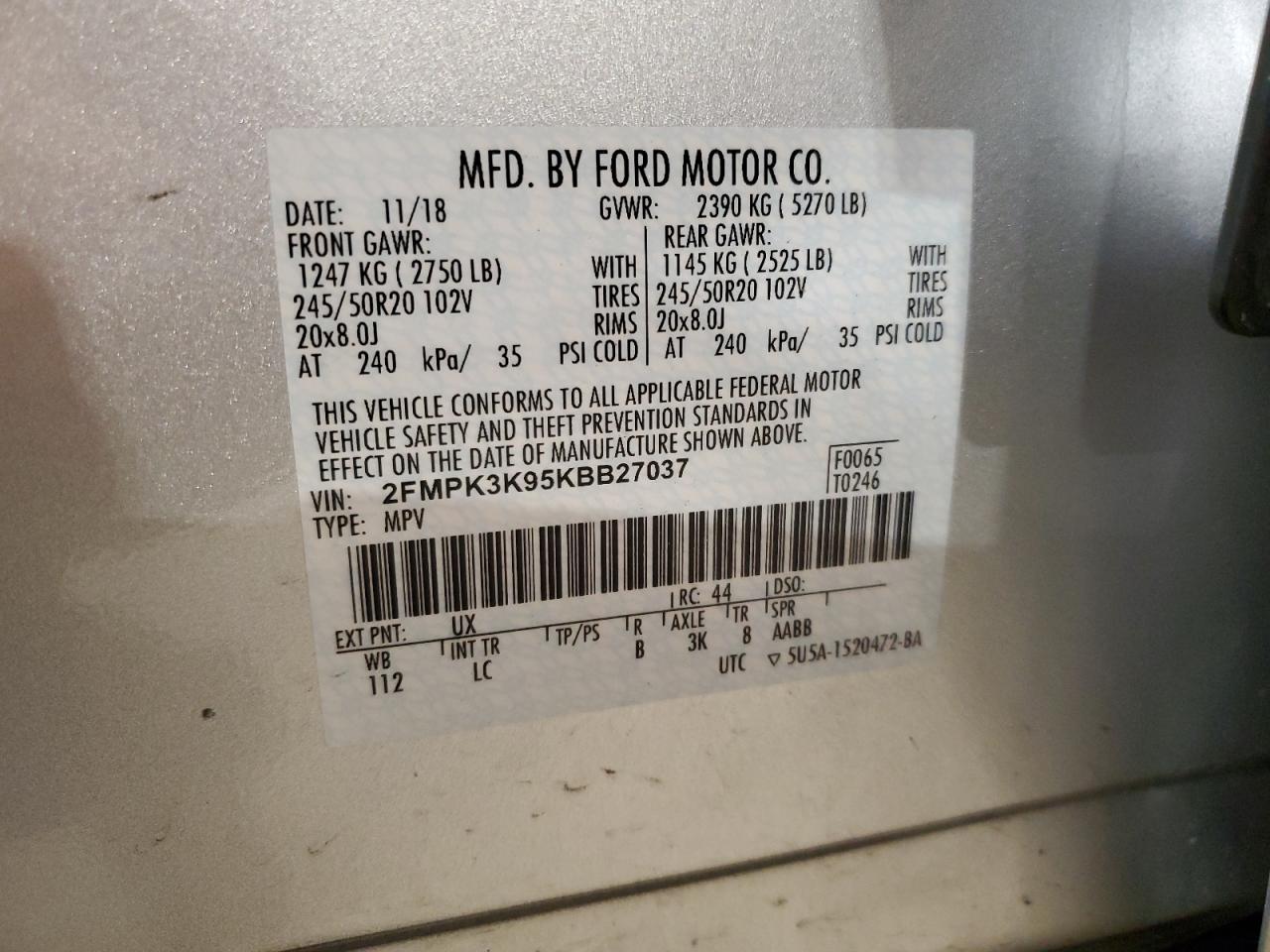 2FMPK3K95KBB27037 2019 Ford Edge Titanium