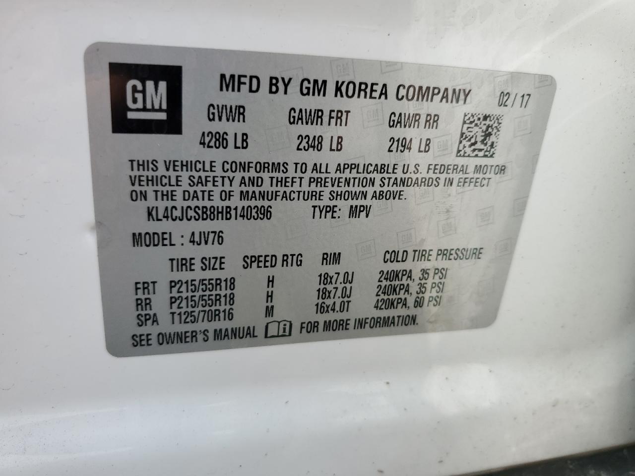 KL4CJCSB8HB140396 2017 Buick Encore Essence