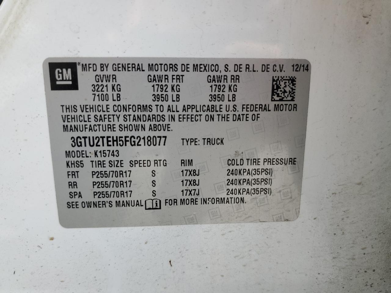 3GTU2TEH5FG218077 2015 GMC Sierra K1500
