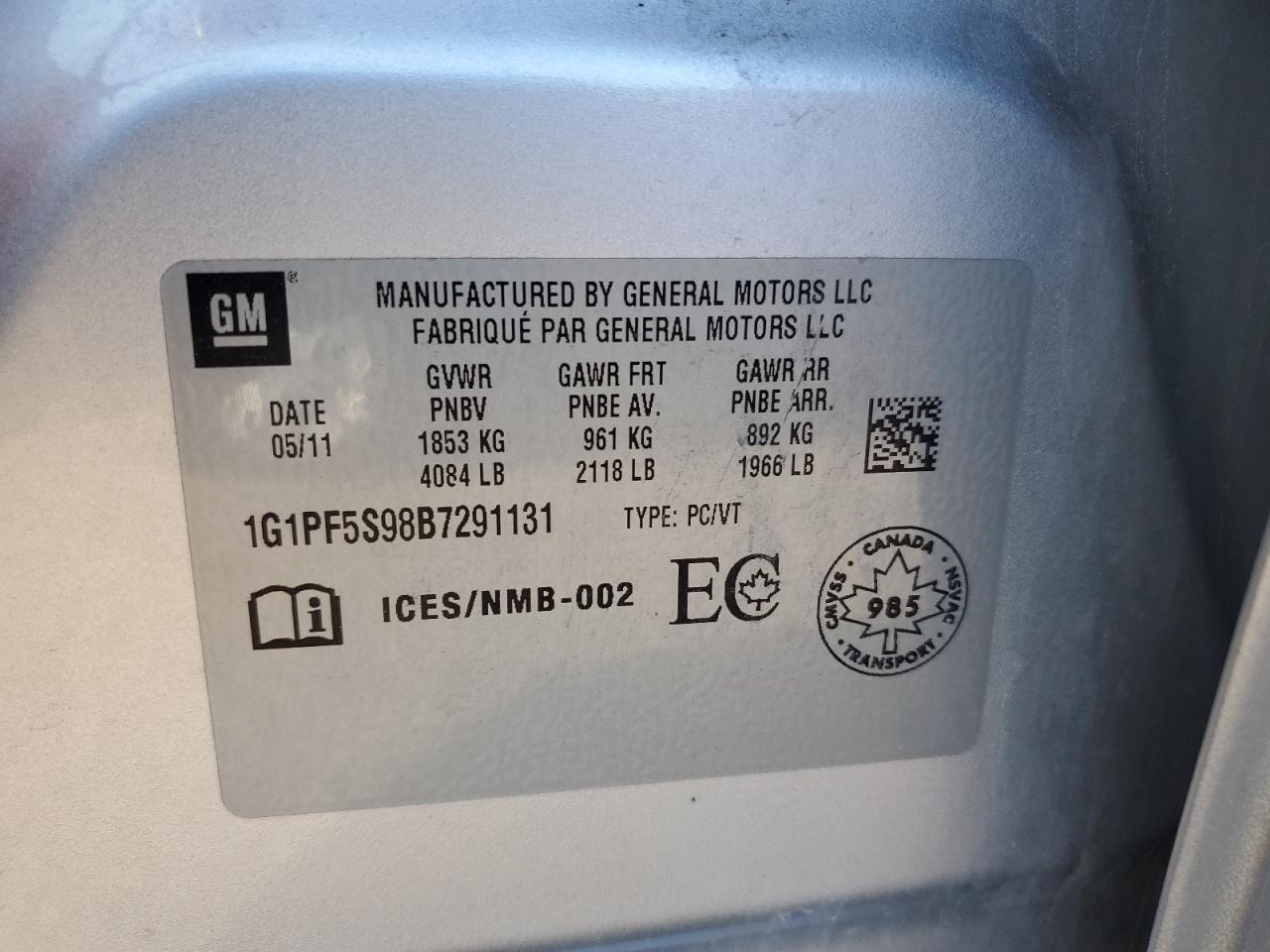 1G1PF5S98B7291131 2011 Chevrolet Cruze Lt 1G1PF5S98B7291131 2011 Chevrolet Cruze Lt