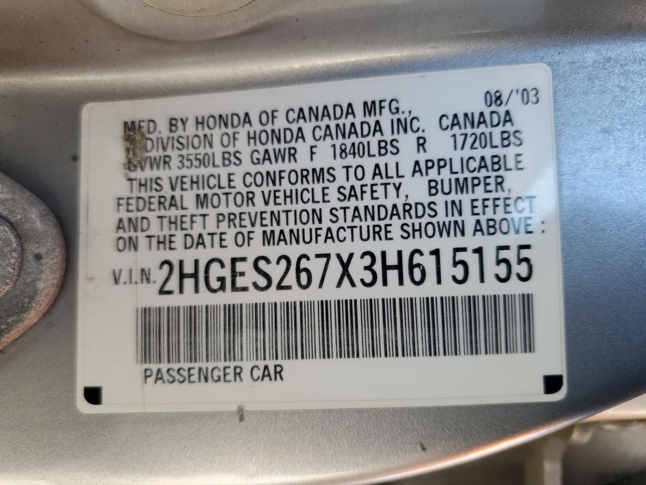 2HGES267X3H615155 2003 Honda Civic Ex