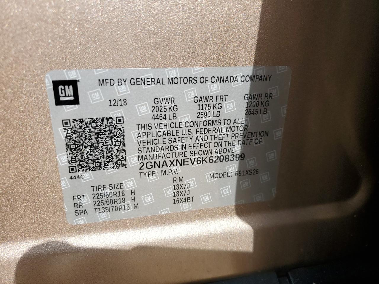 2GNAXNEV6K6208399 2019 Chevrolet Equinox Premier