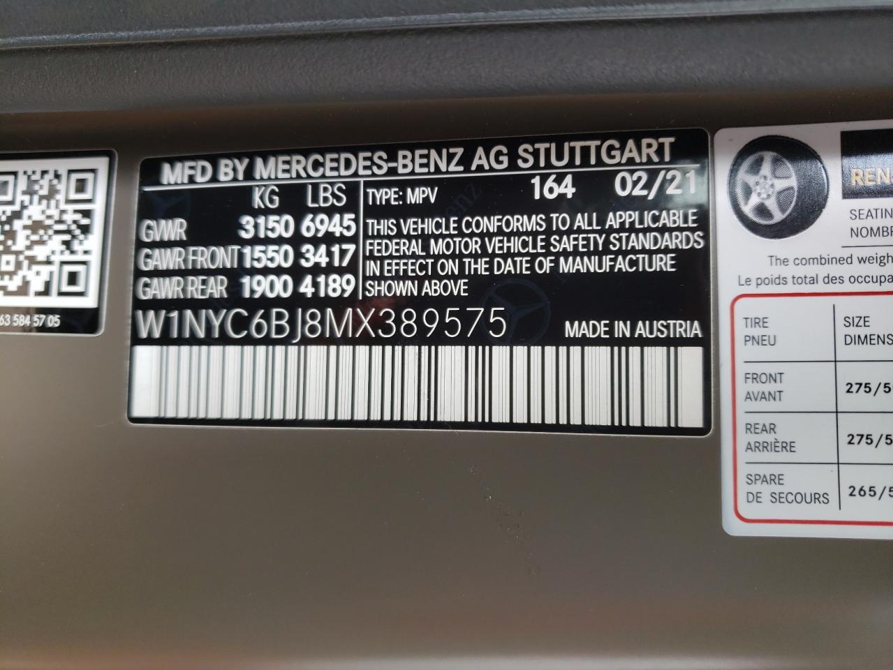 2021 Mercedes-Benz G 550 vin: W1NYC6BJ8MX389575
