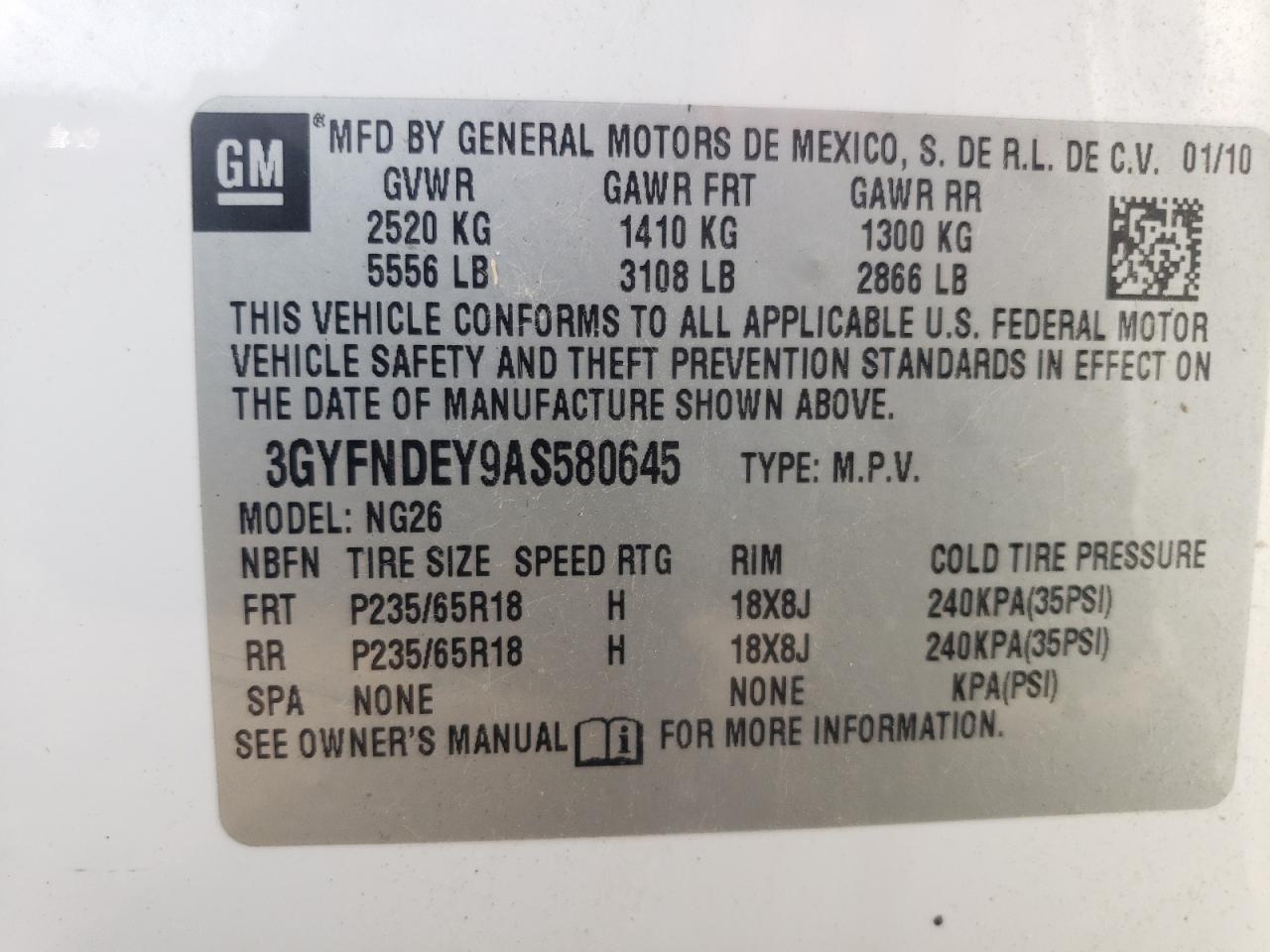 3GYFNDEY9AS580645 2010 Cadillac Srx Luxury Collection