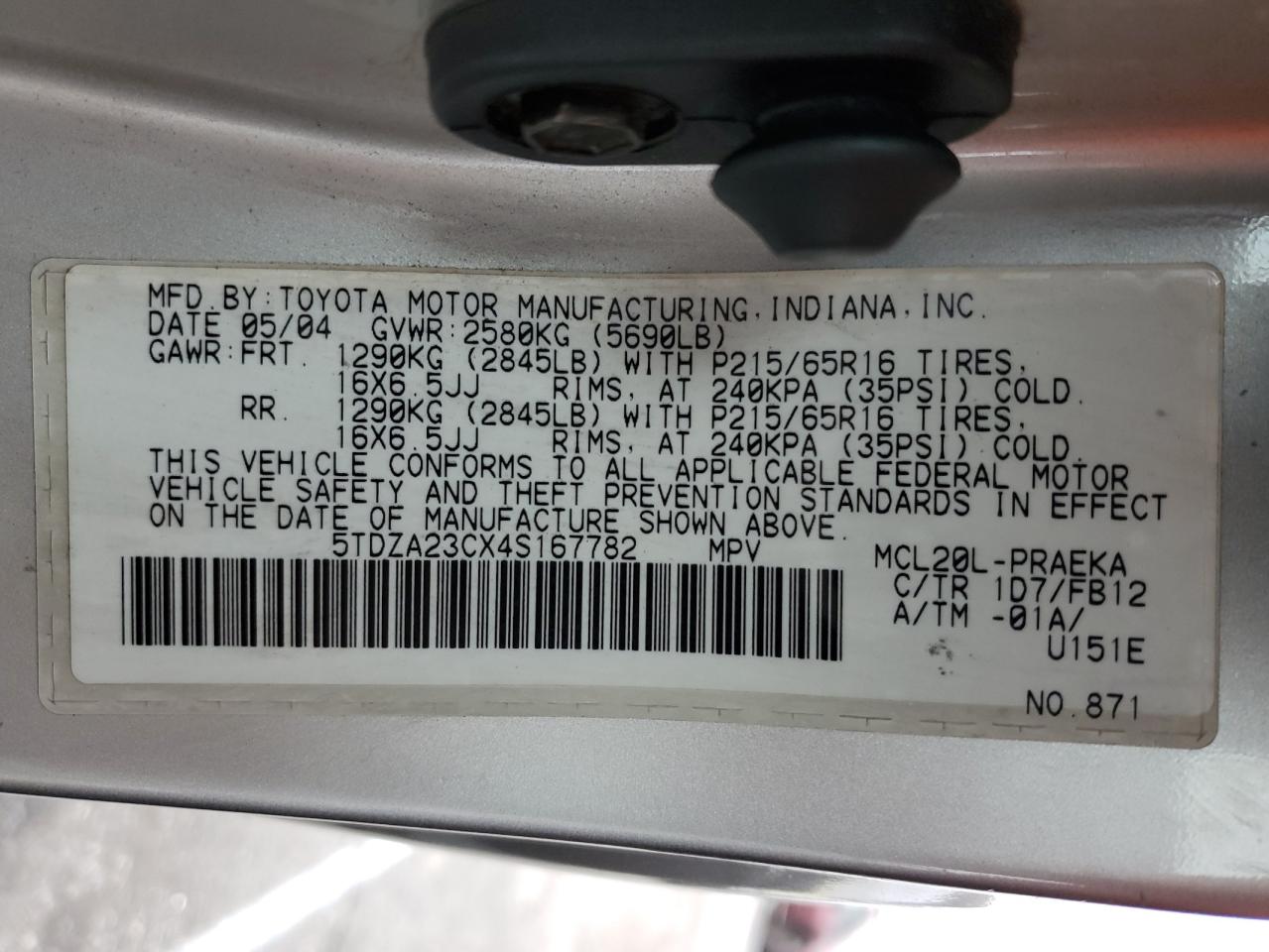 5TDZA23CX4S167782 2004 Toyota Sienna Ce