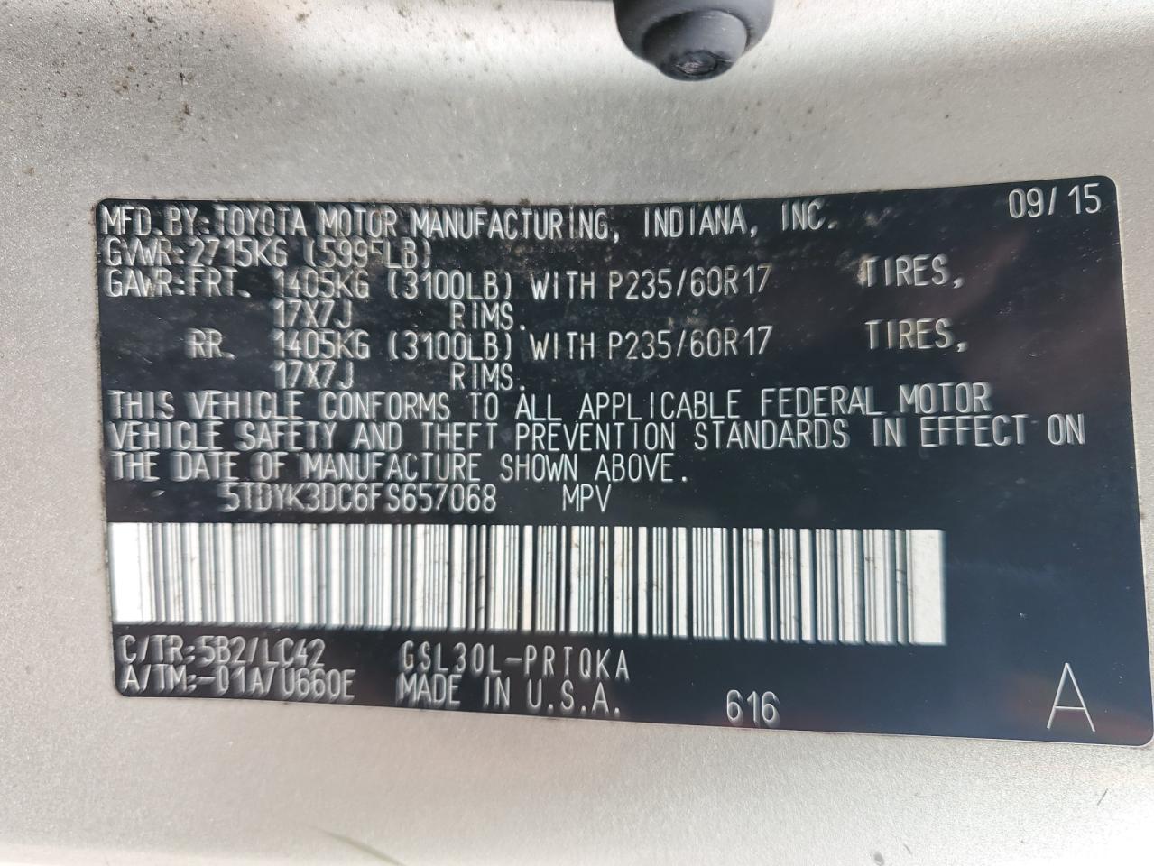 5TDYK3DC6FS657068 2015 Toyota Sienna Xle