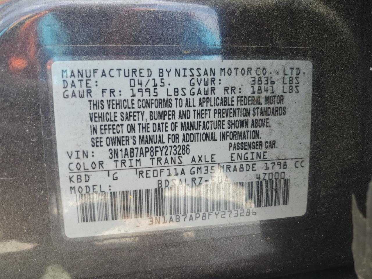 3N1AB7AP8FY273286 2015 Nissan Sentra S