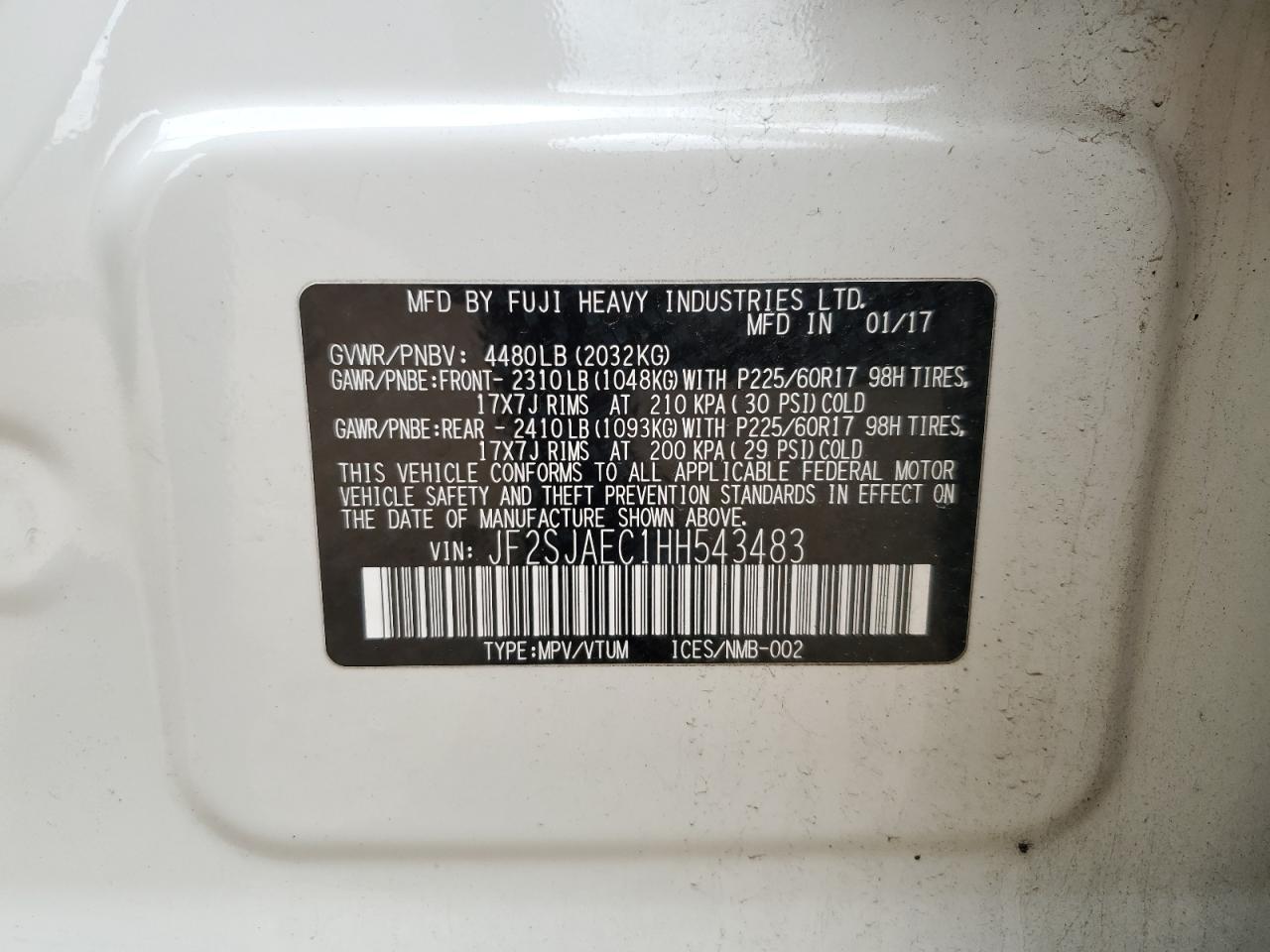 JF2SJAEC1HH543483 2017 Subaru Forester 2.5I Premium