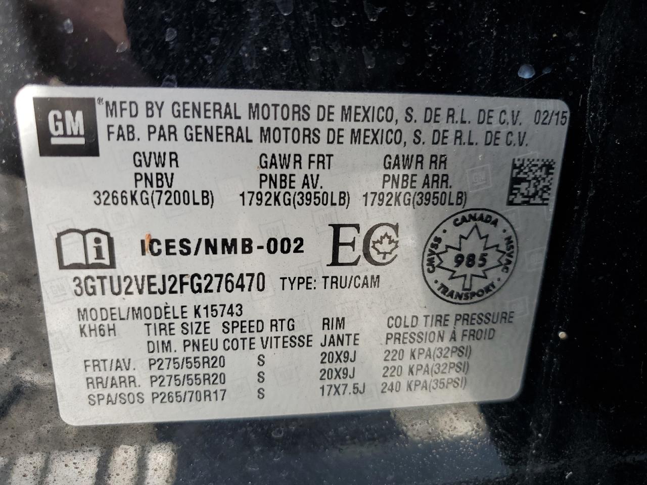 3GTU2VEJ2FG276470 2015 GMC Sierra K1500 Slt