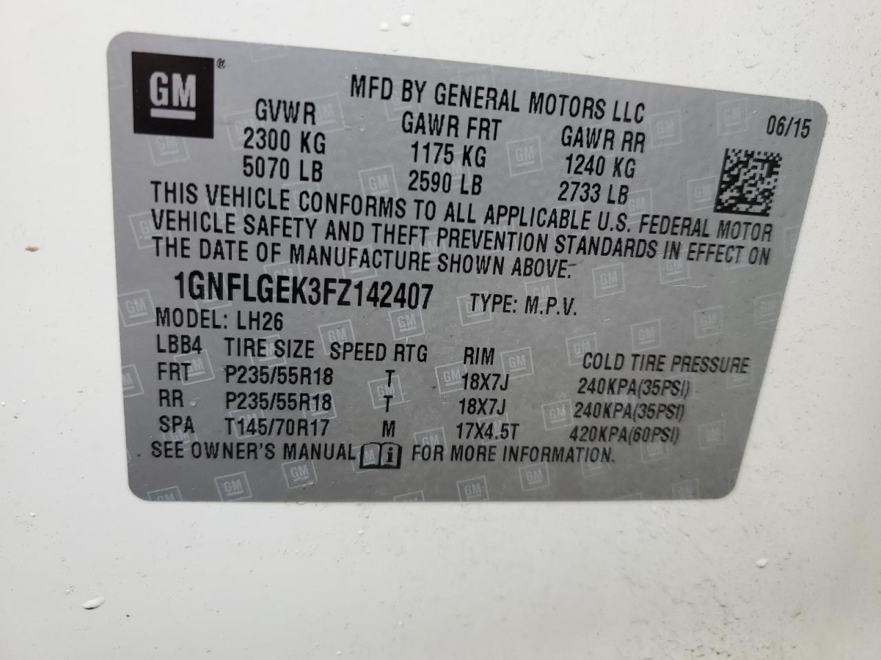 1GNFLGEK3FZ142407 2015 Chevrolet Equinox Lt