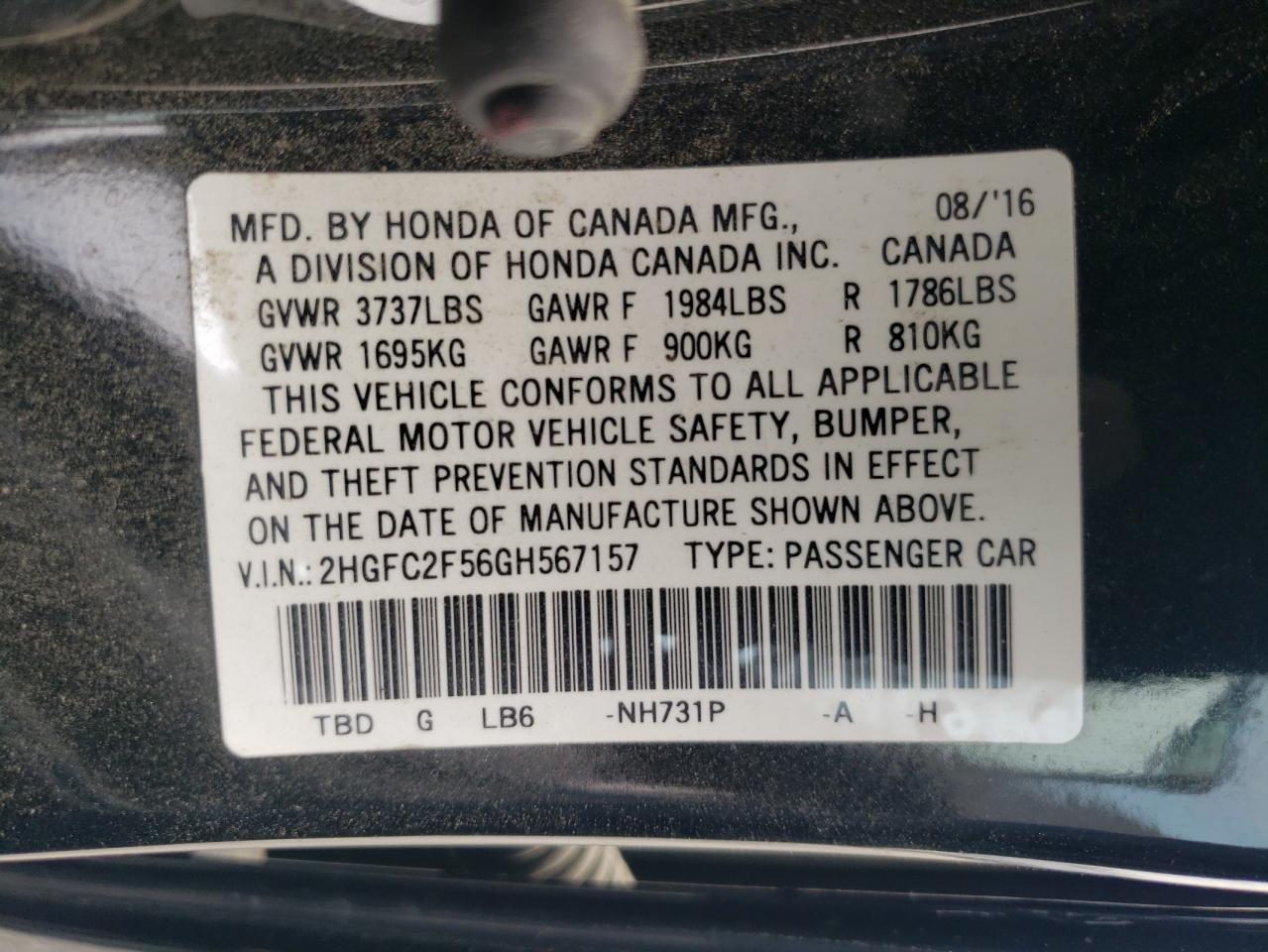 2HGFC2F56GH567157 2016 Honda Civic Lx