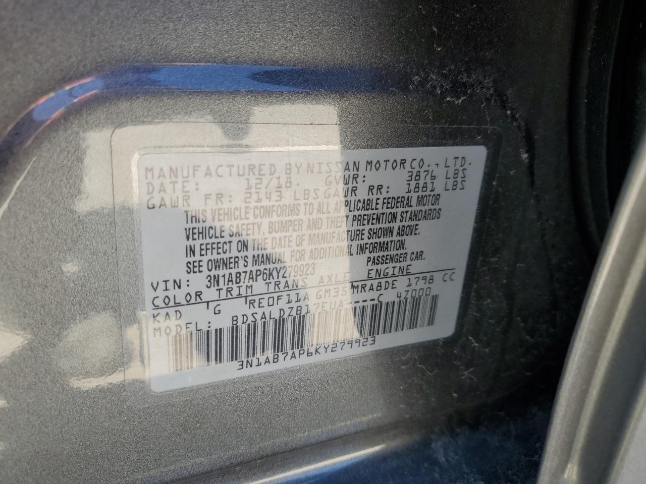 3N1AB7AP6KY279923 2019 Nissan Sentra S