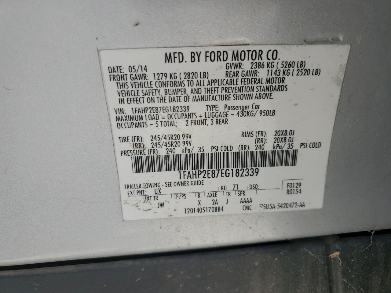 1FAHP2E87EG182339 2014 Ford Taurus Sel