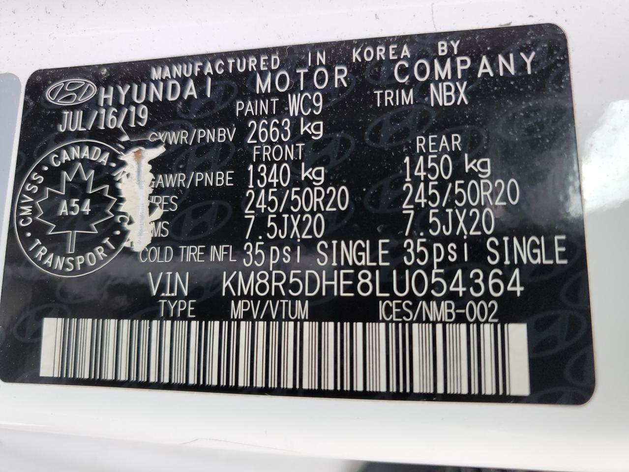 KM8R5DHE8LU054364 2020 Hyundai Palisade Limited