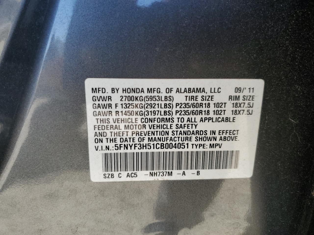 5FNYF3H51CB004051 2012 Honda Pilot Exl