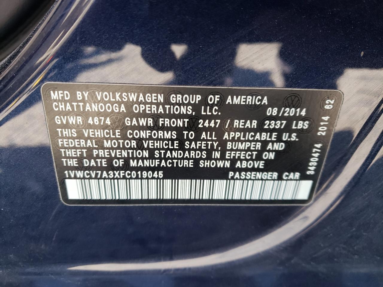 1VWCV7A3XFC019045 2015 Volkswagen Passat Sel