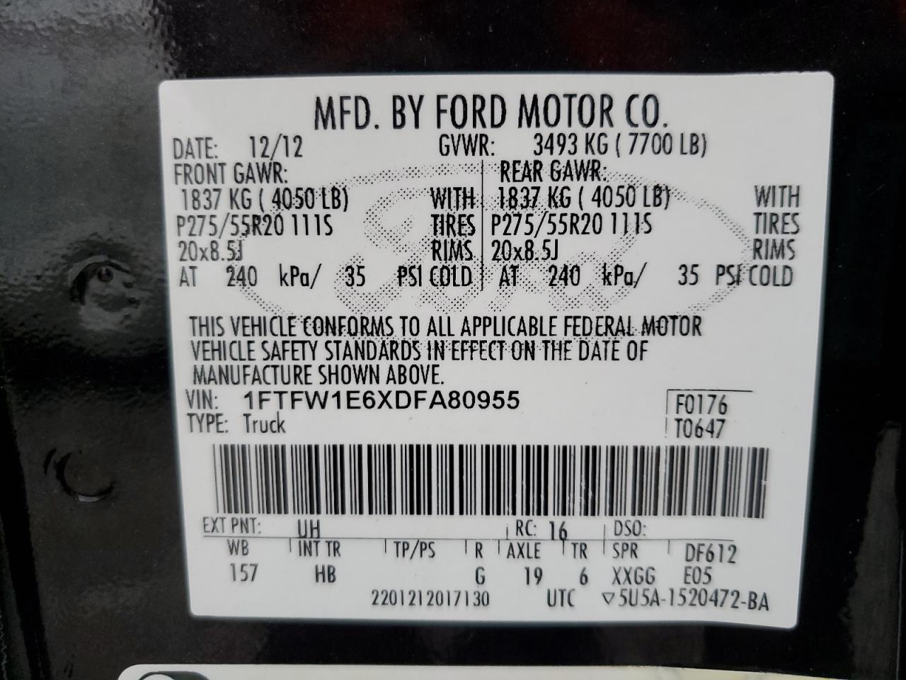 1FTFW1E6XDFA80955 2013 Ford F150 Supercrew