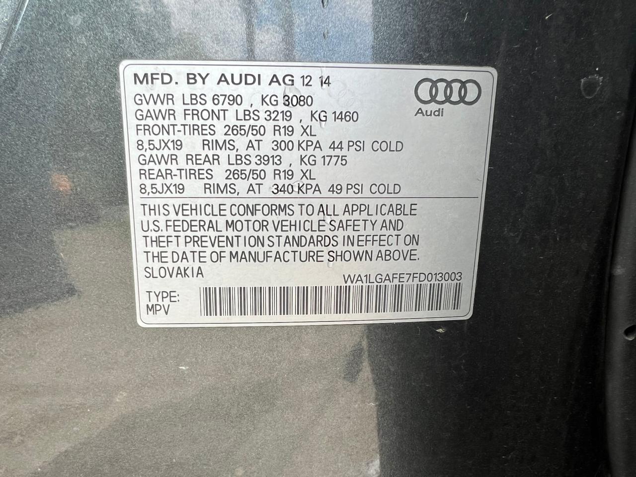 2015 Audi Q7 Premium Plus vin: WA1LGAFE7FD013003