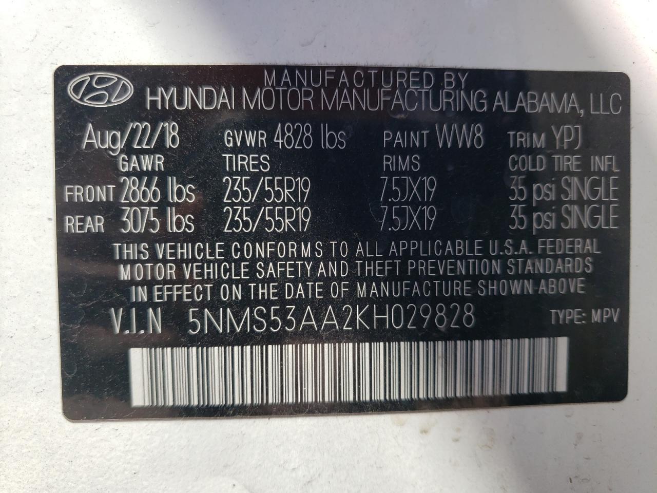 5NMS53AA2KH029828 2019 Hyundai Santa Fe Limited