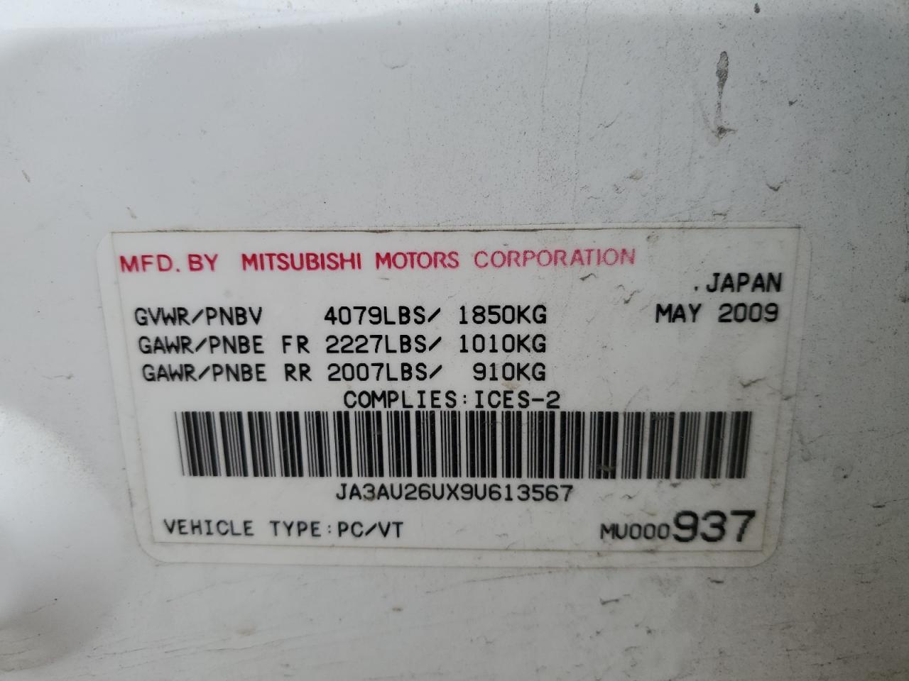 JA3AU26UX9U613567 2009 Mitsubishi Lancer Es/Es Sport