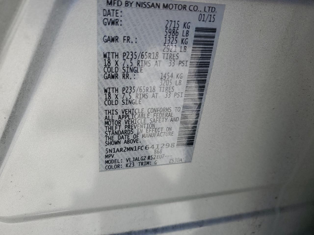 5N1AR2MN1FC641298 2015 Nissan Pathfinder S