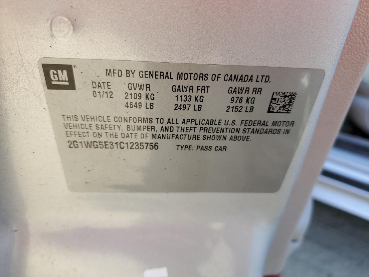 2G1WG5E31C1235756 2012 Chevrolet Impala Lt