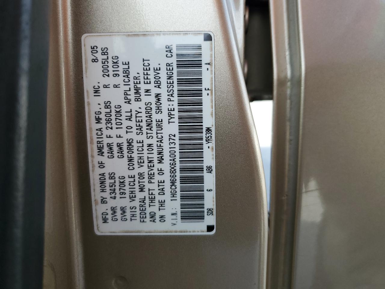 1HGCM668X6A001372 2006 Honda Accord Ex