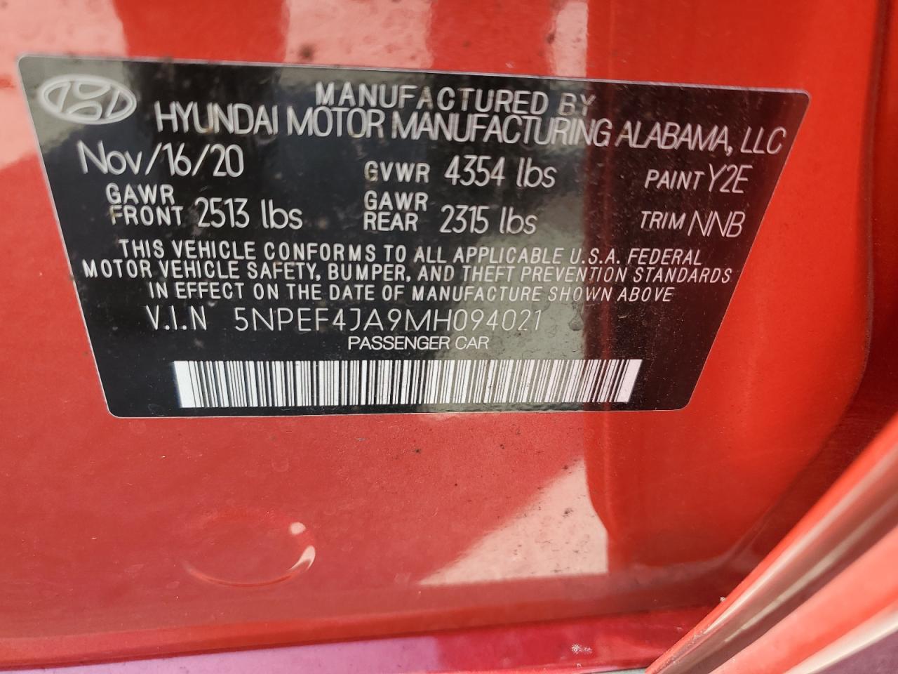 5NPEF4JA9MH094021 2021 Hyundai Sonata Sel