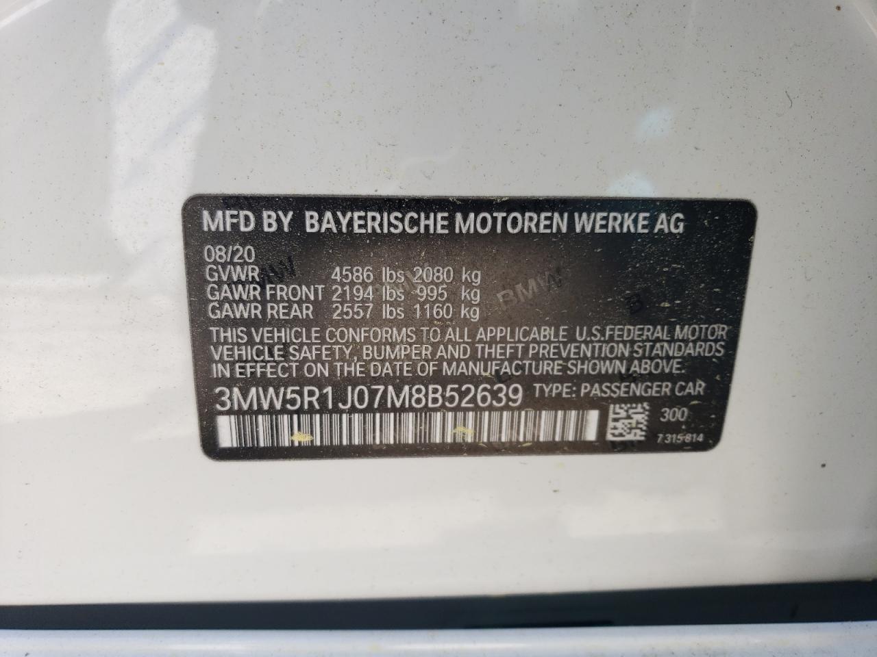 3MW5R1J07M8B52639 2021 BMW 330I