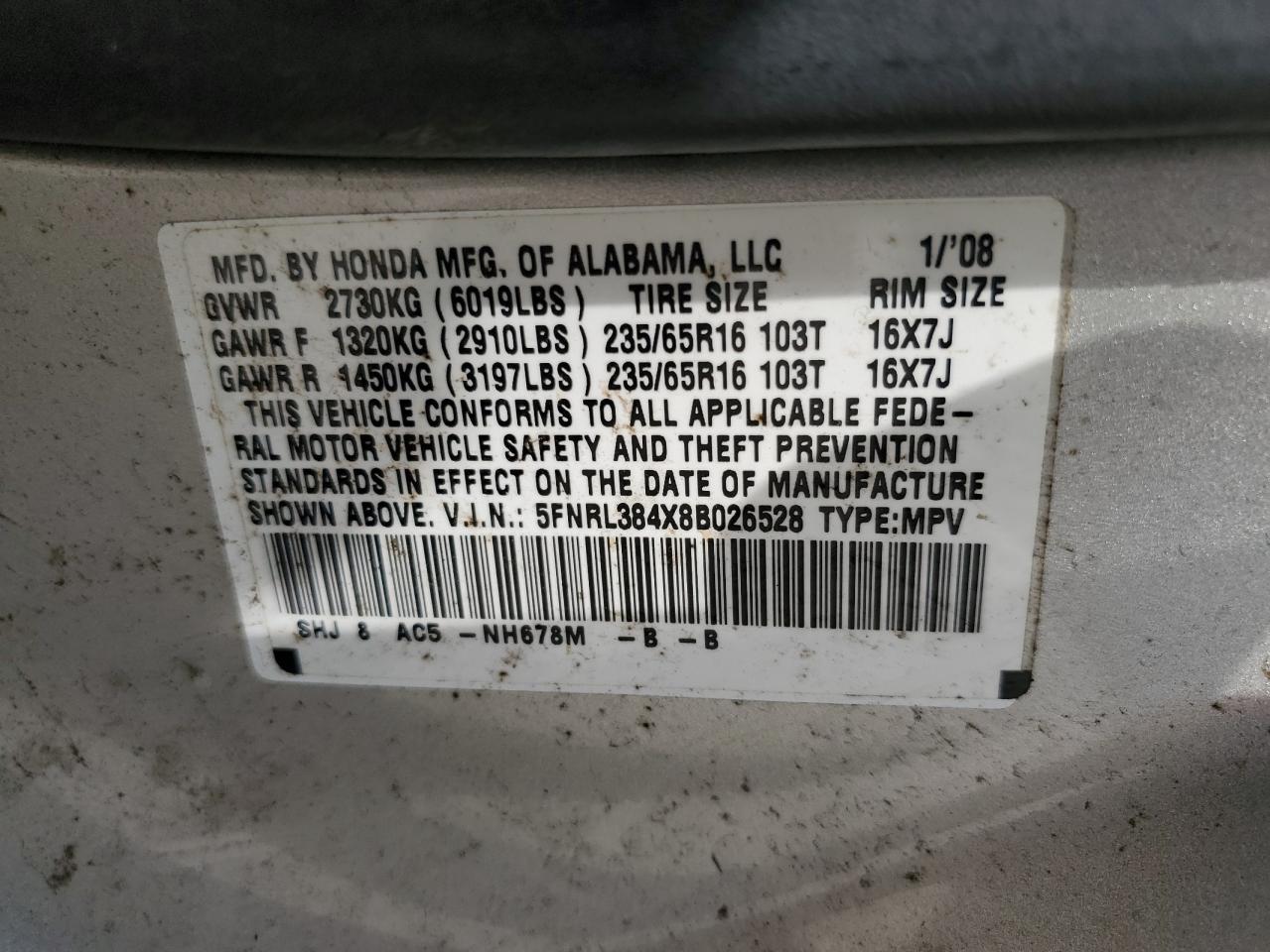 5FNRL384X8B026528 2008 Honda Odyssey Ex