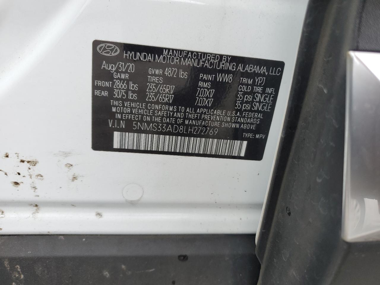 5NMS33AD8LH272769 2020 Hyundai Santa Fe Sel