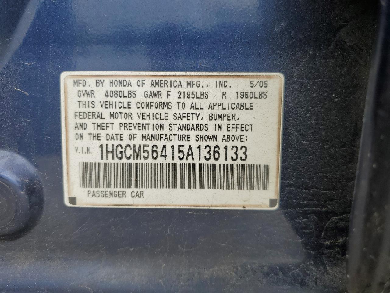 1HGCM56415A136133 2005 Honda Accord Lx