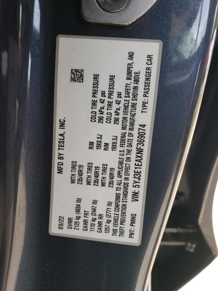 5YJ3E1EAXNF369074 2022 Tesla Model 3