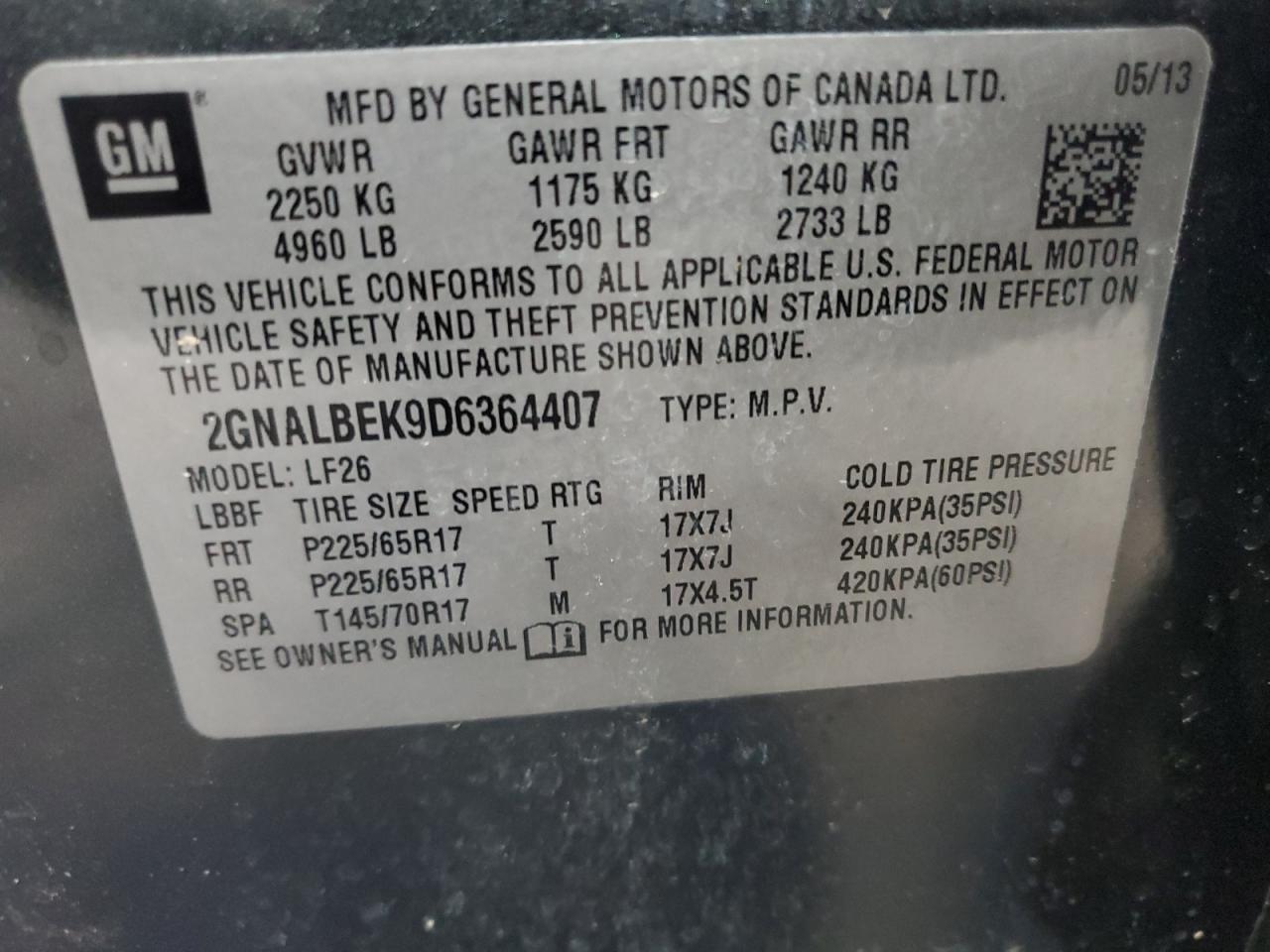 2GNALBEK9D6364407 2013 Chevrolet Equinox Ls