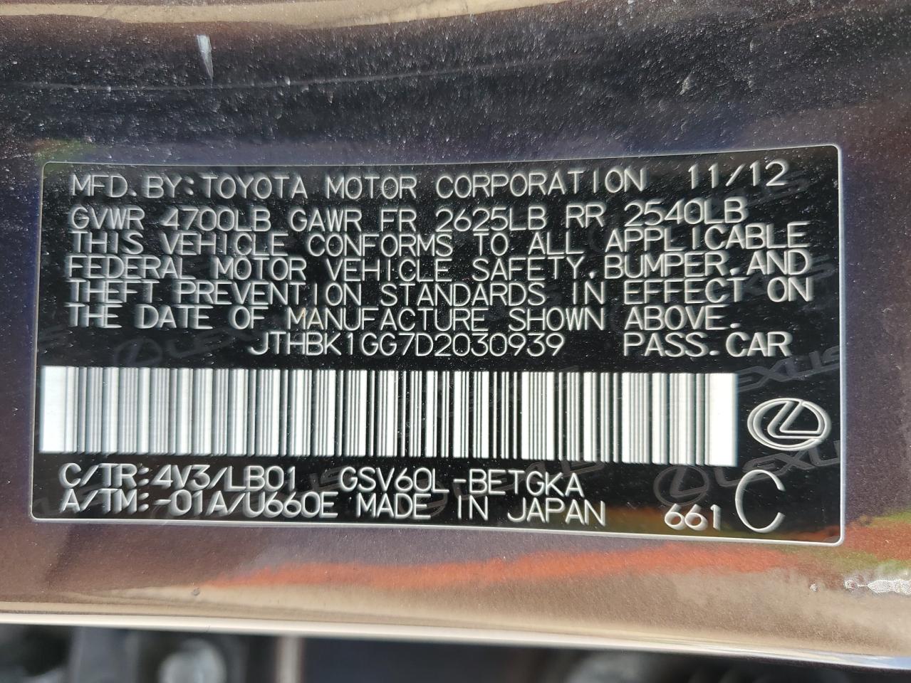 JTHBK1GG7D2030939 2013 Lexus Es 350