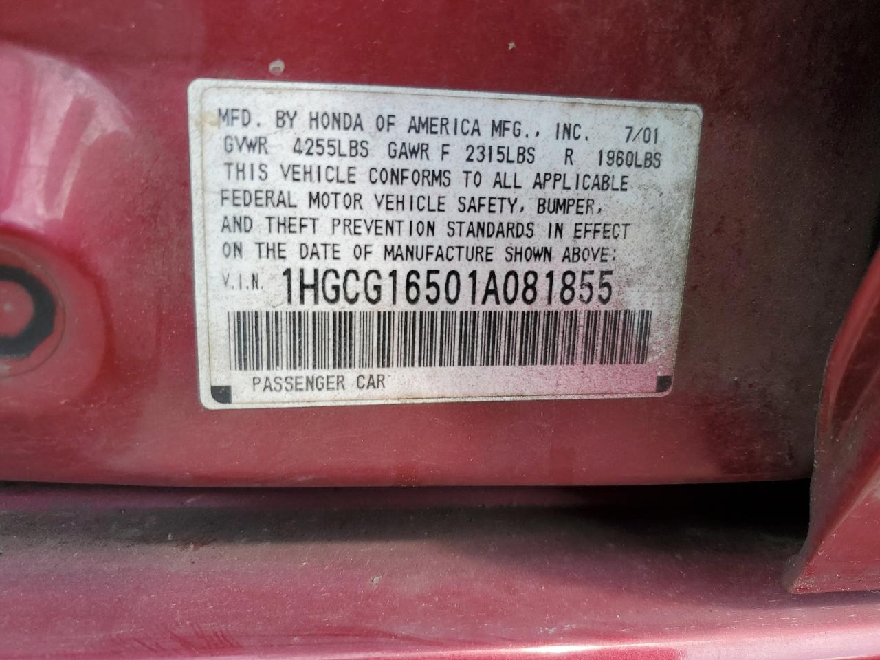 1HGCG16501A081855 2001 Honda Accord Ex