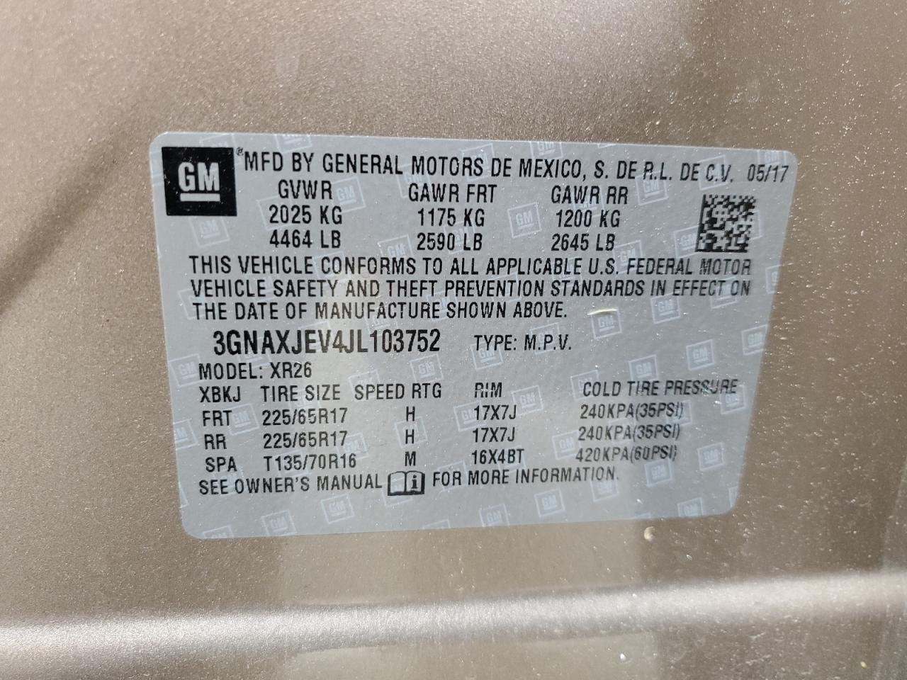 3GNAXJEV4JL103752 2018 Chevrolet Equinox Lt