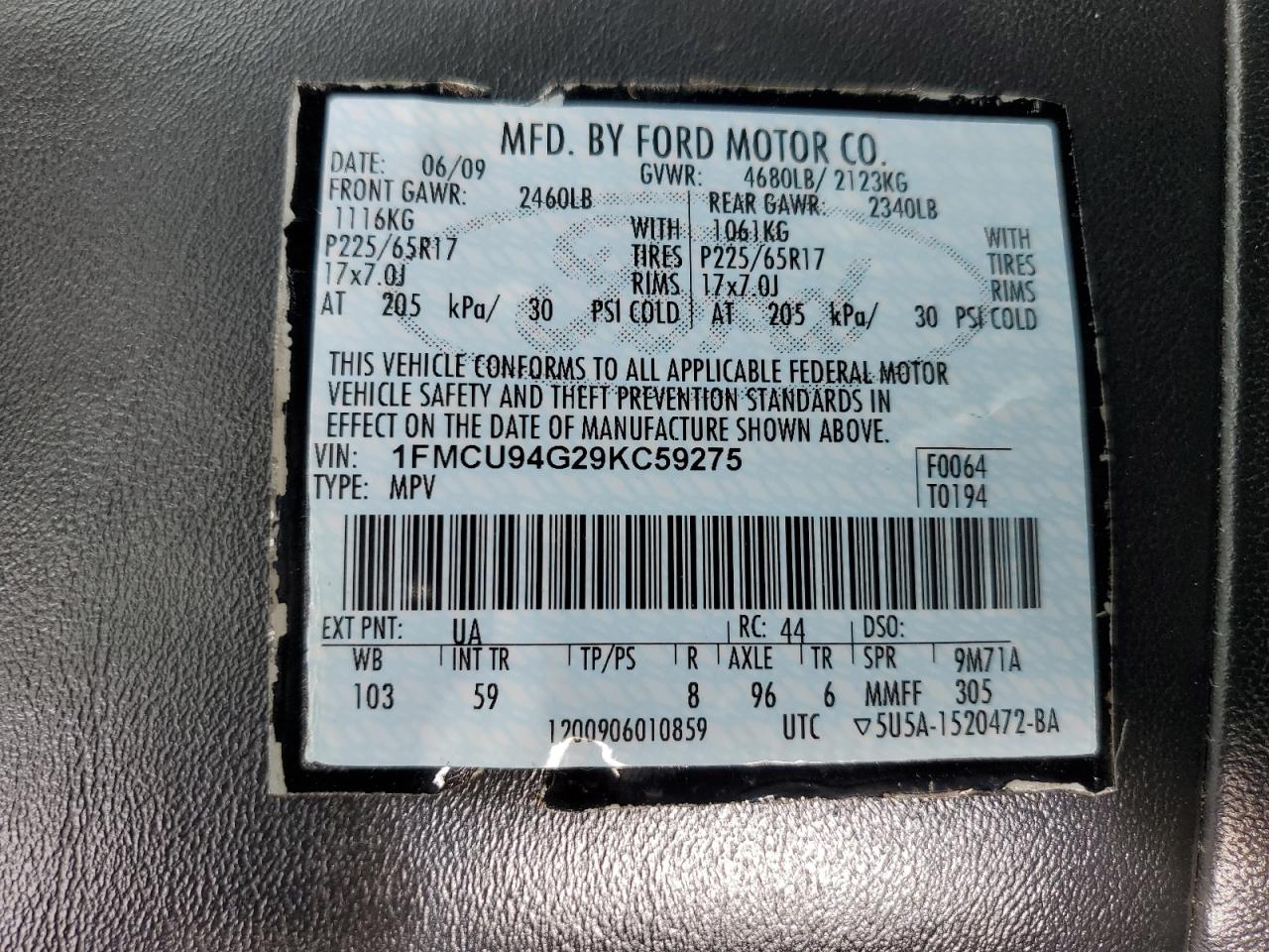 1FMCU94G29KC59275 2009 Ford Escape Limited