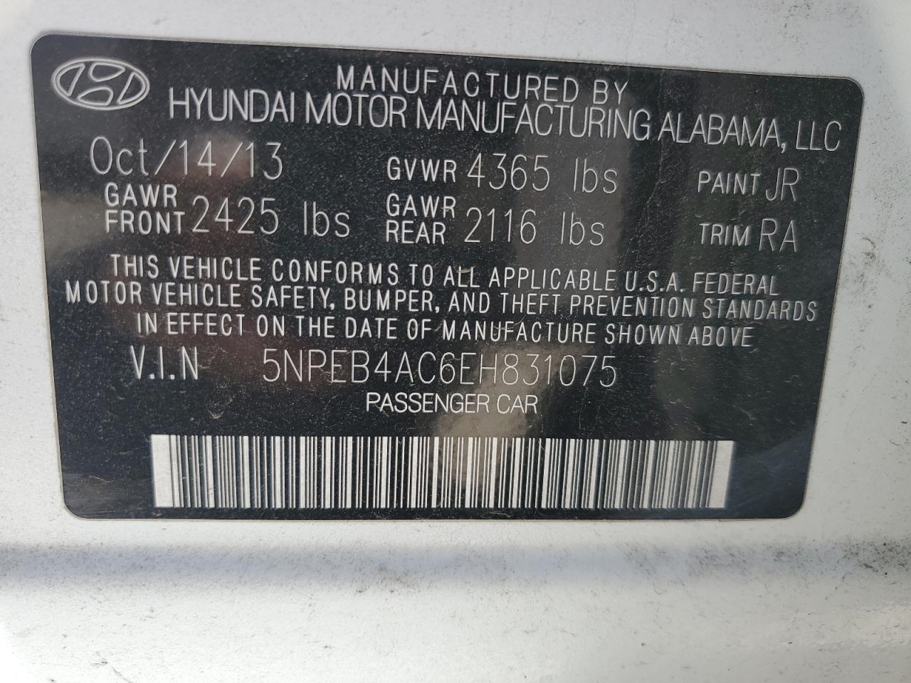 5NPEB4AC6EH831075 2014 Hyundai Sonata Gls