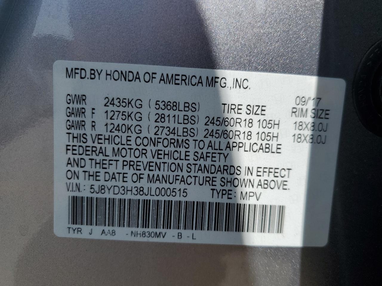 5J8YD3H38JL000515 2018 Acura Mdx