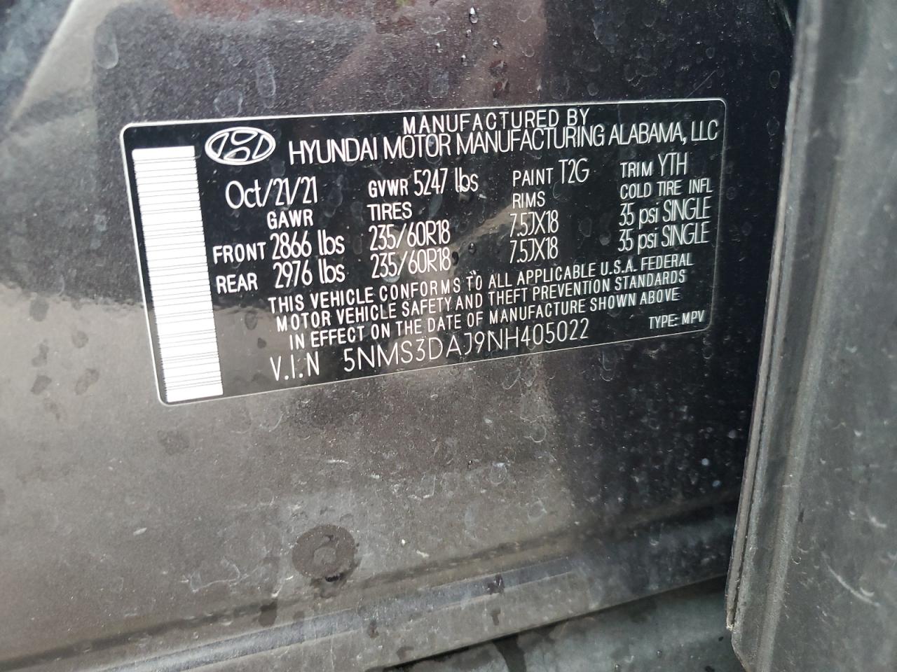 5NMS3DAJ9NH405022 2022 Hyundai Santa Fe Sel