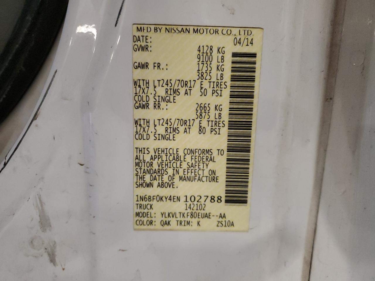 1N6BF0KY4EN102788 2014 Nissan Nv 1500