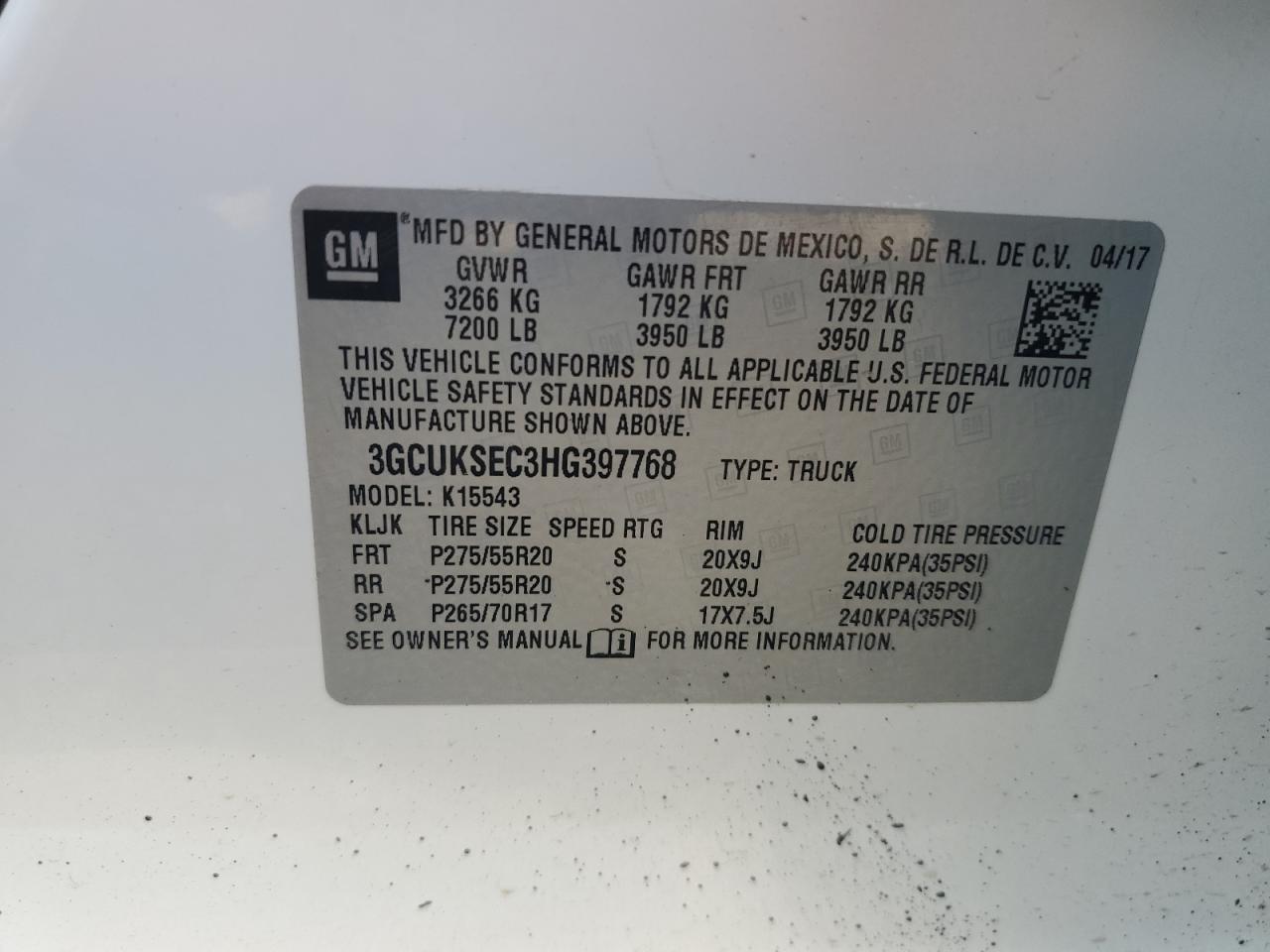 3GCUKSEC3HG397768 2017 Chevrolet Silverado K1500 Ltz