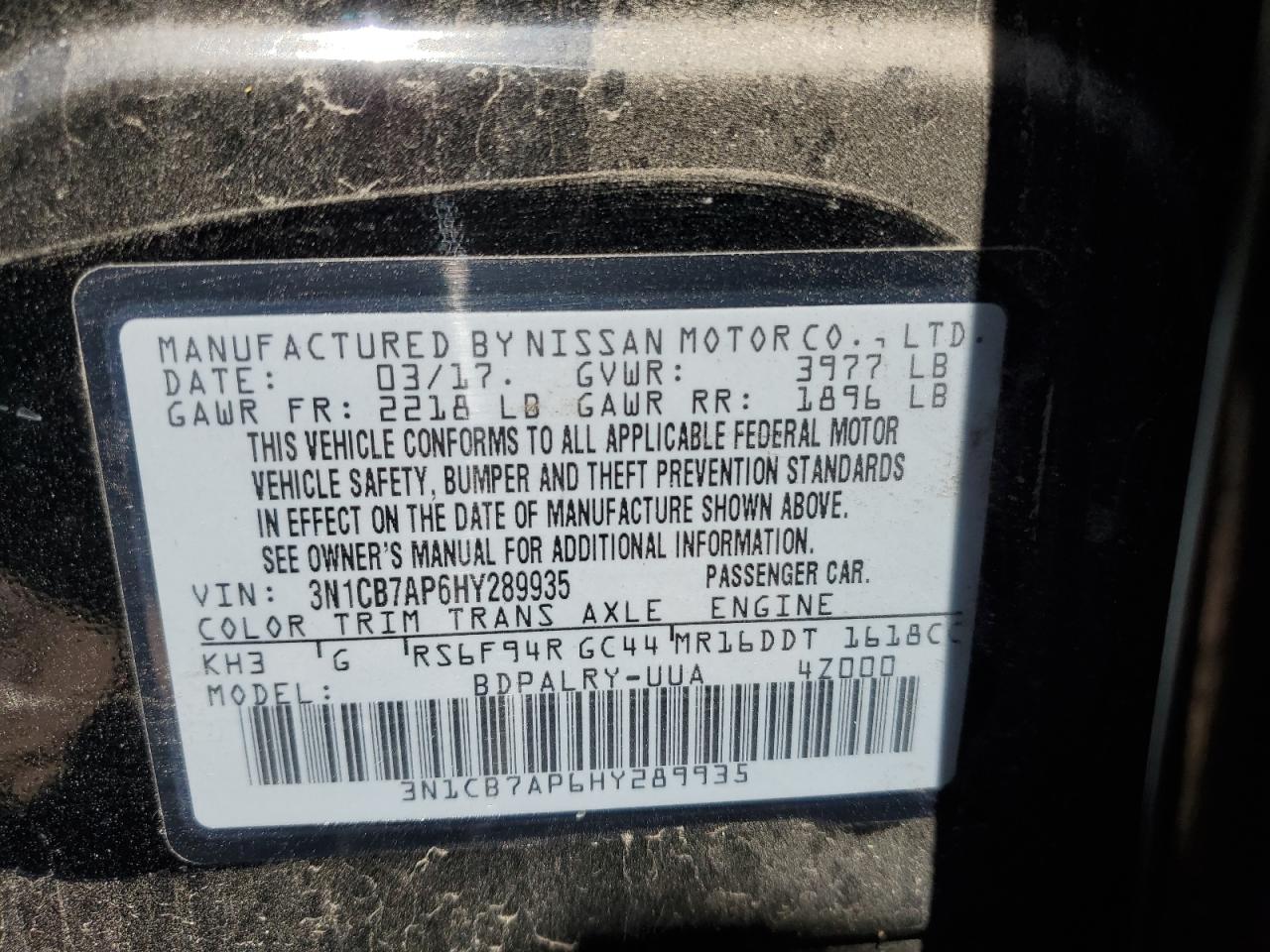 3N1CB7AP6HY289935 2017 Nissan Sentra Sr Turbo