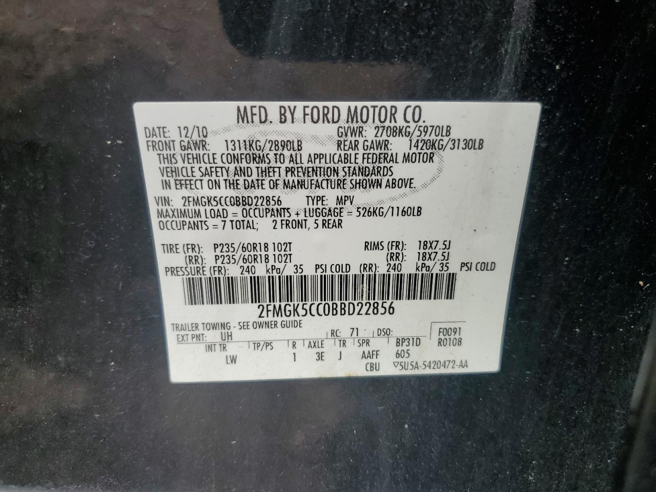 2FMGK5CC0BBD22856 2011 Ford Flex Sel