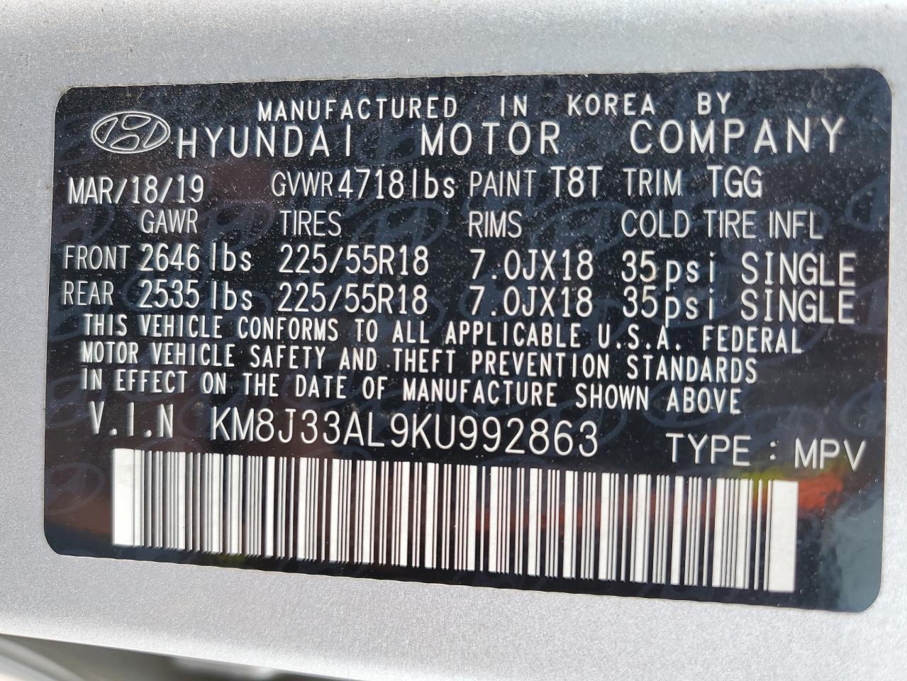 KM8J33AL9KU992863 2019 Hyundai Tucson Limited