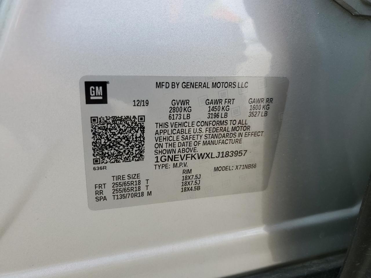 1GNEVFKWXLJ183957 2020 Chevrolet Traverse Ls