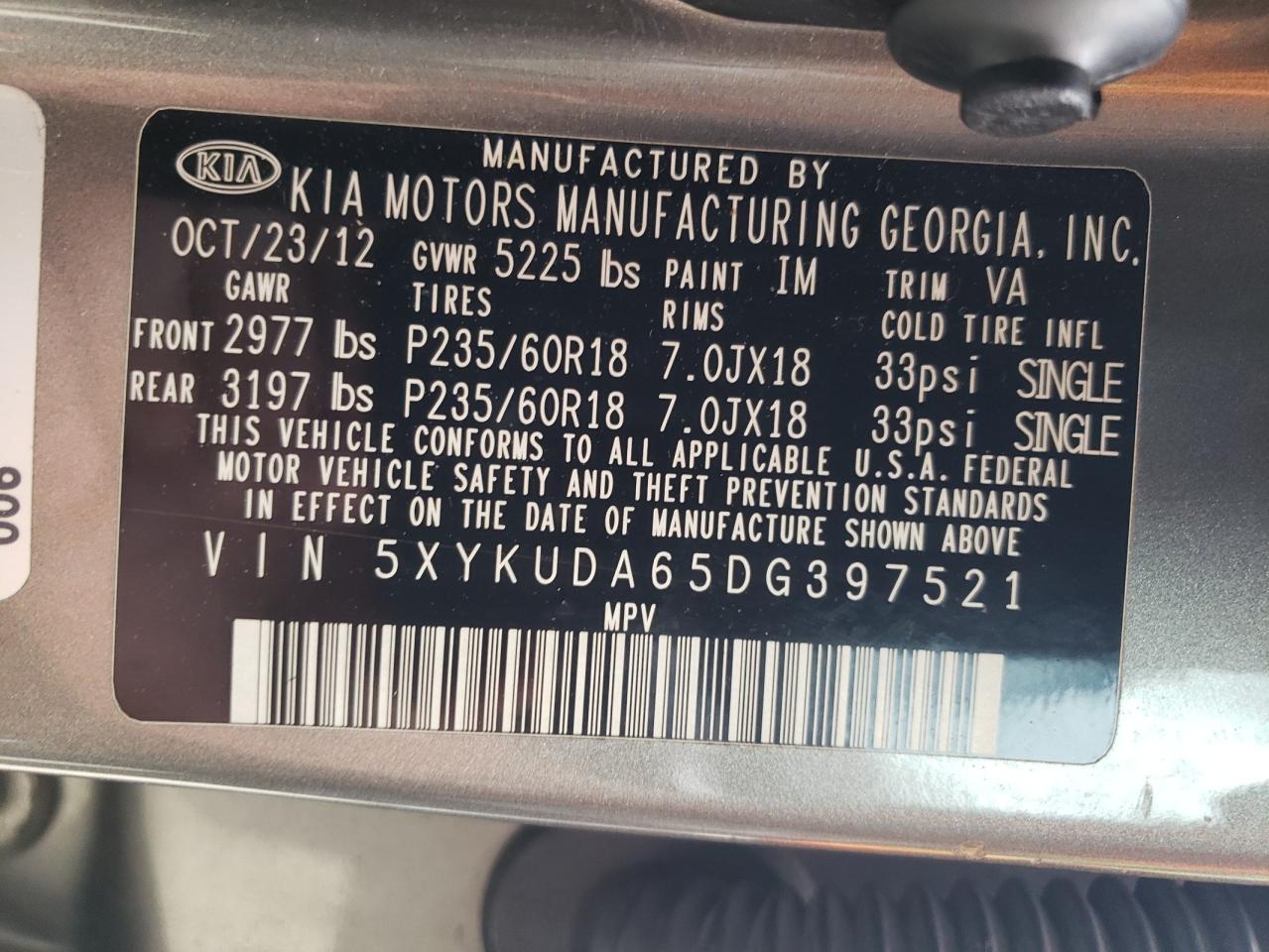 5XYKUDA65DG397521 2013 Kia Sorento Ex